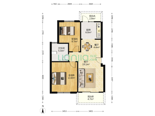 海芦镜湖苑 2室2厅1卫 86平方