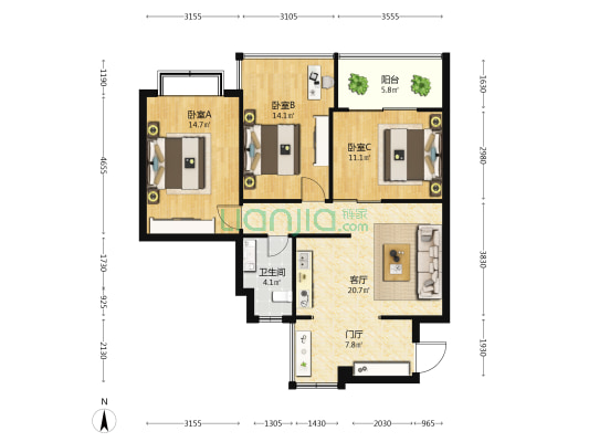 仙桥花园南苑 3室1厅1卫 89平方