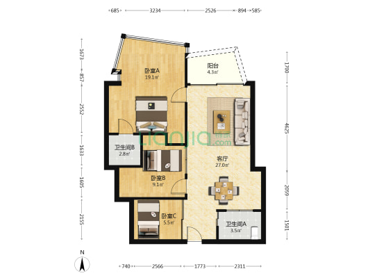 新安大厦 3室1厅2卫 98平方