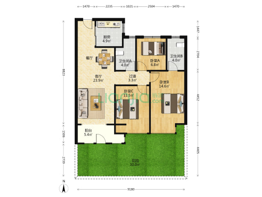亚星倚澜苑 3室1厅2卫 107平方