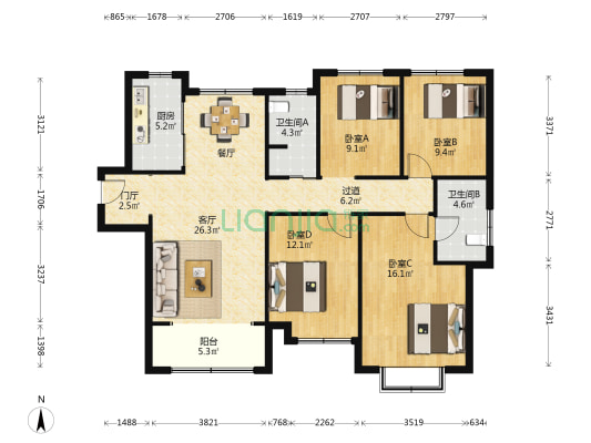 加州东部世界城香榭名郡 4室1厅2卫 148平方