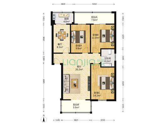 民航社区 3室2厅1卫 108平方