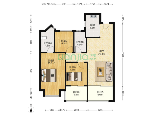 置地瑞玺 3室1厅2卫 105平方