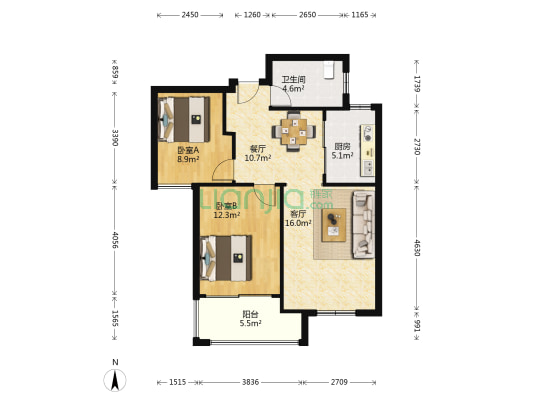 天和豪庭 2室2厅1卫 89平方