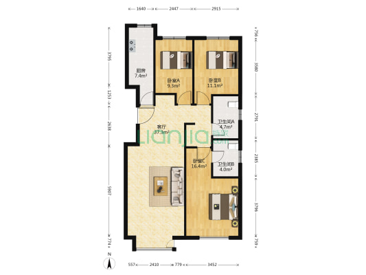 揽湖苑 3室1厅2卫 124平方
