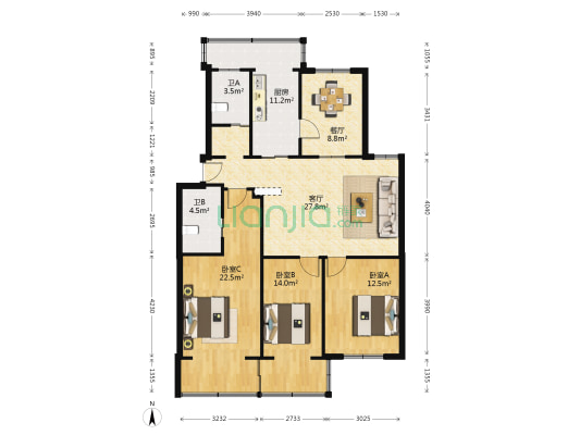 好运苑 3室2厅2卫 115平方