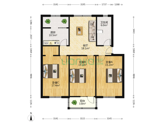 水果湖路1号 3室1厅1卫 100平方