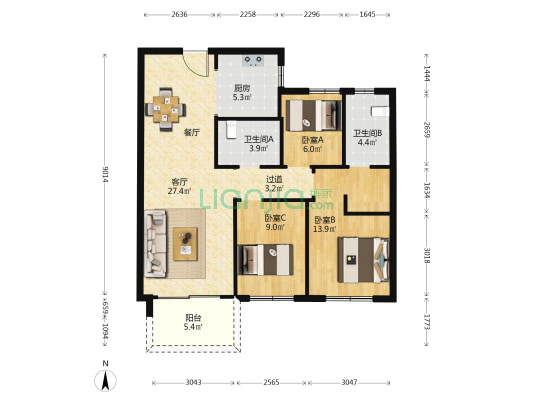 融创中原大观一期 3室1厅2卫 107平方