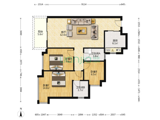 凤岗碧桂园 3室1厅2卫 96平方