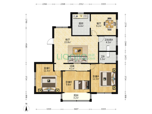 新盈新村 3室2厅2卫 109平方