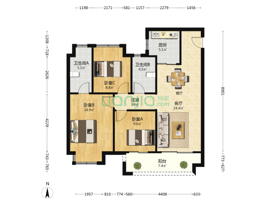 康桥悦蓉园 3室1厅2卫 107平方