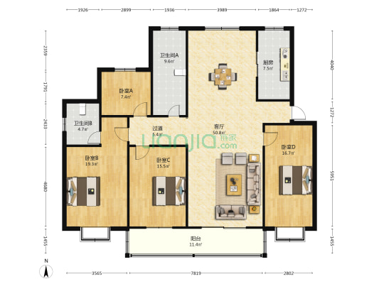 日月家园 4室1厅2卫 166平方