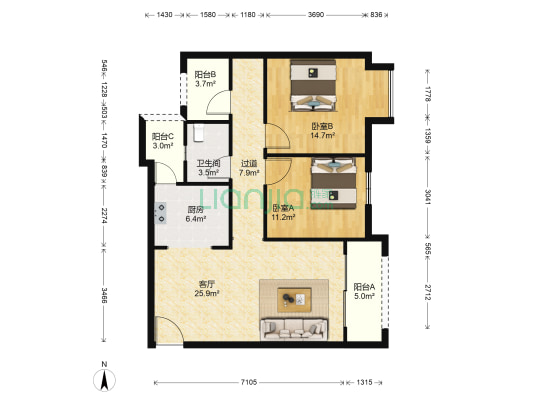 金科城37区 2室1厅1卫 87平方