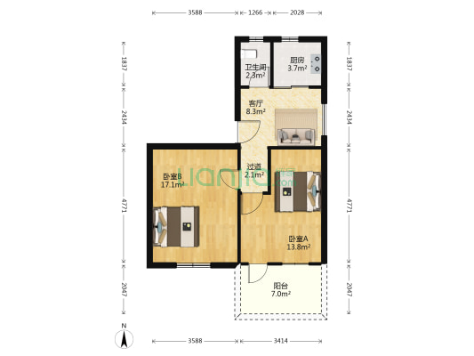 君山路28号 2室1厅1卫 63平方