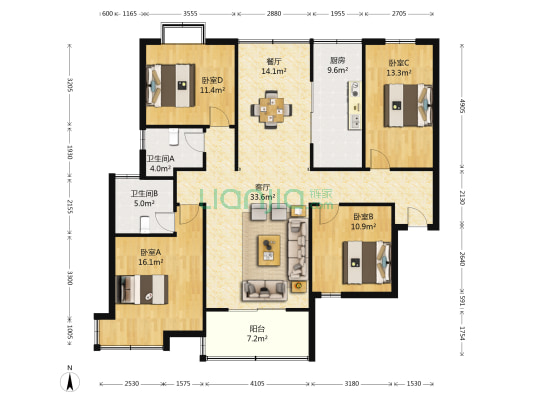 金奥国际中心 4室2厅2卫 141平方