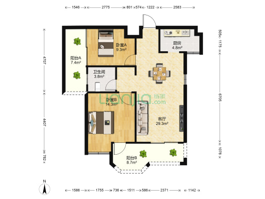 联发君领朝阳 2室1厅1卫 92平方