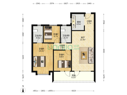中国中铁诺德澜湾 3室1厅2卫 109平方