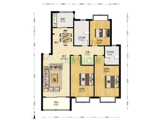 屯溪花园 3室1厅2卫 126平方