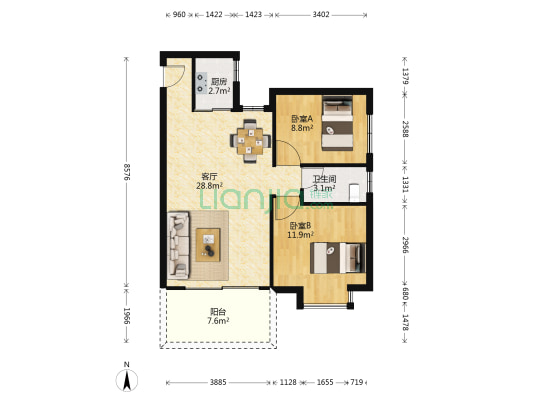 兴业名苑 2室1厅1卫 77平方
