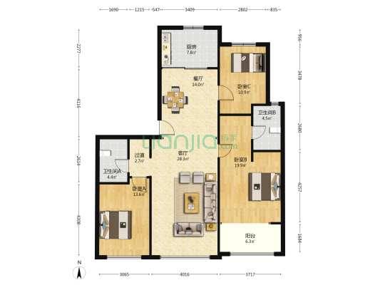 融创都会中心臻庭 3室2厅2卫 136平方