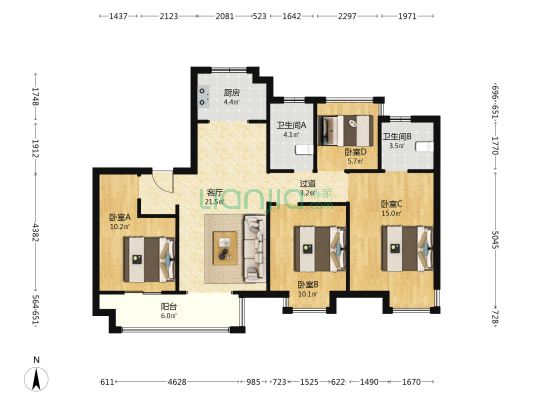 红星海河湾天铂 4室1厅2卫 119平方