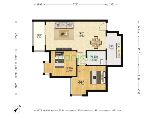 美的林城时代美居苑 2室1厅1卫 95平方