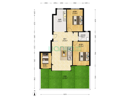鹏德同心园 3室1厅1卫 97平方