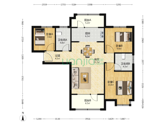 泰禾锦园 3室1厅2卫 116平方