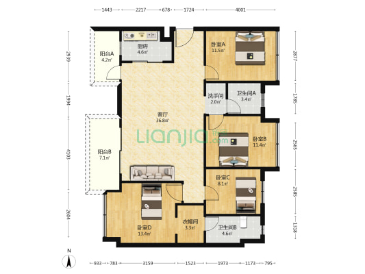 华润置地时代之城五期（时代名邸） 4室1厅3卫 136平方