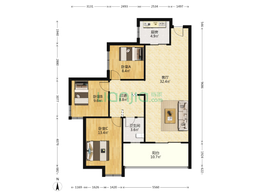 林秀家园 3室1厅1卫 117平方