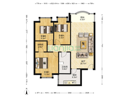 杰信花园 3室1厅1卫 116平方