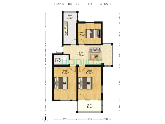 屏山新村 3室1厅1卫 77平方