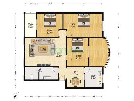 春兰路45号 3室2厅1卫 129平方