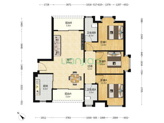 中凯华府 3室1厅2卫 110平方