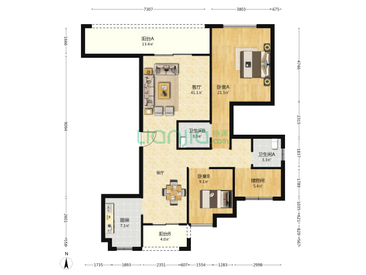 云栖谷 2室1厅2卫 135平方