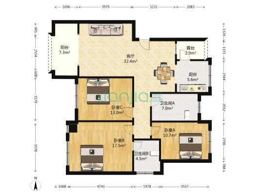 报业新城 3室1厅2卫 115平方