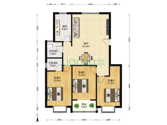 锦绣江南 3室1厅2卫 120平方
