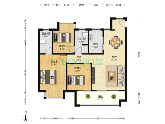 联发时代天悦 3室1厅2卫 106平方
