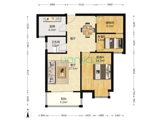 中城花园虹梅苑 2室1厅1卫 90平方