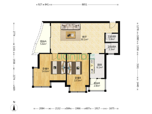 恒鑫名城一期 2室1厅2卫 91平方