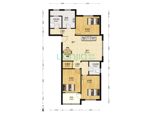 海富源天邦 3室1厅2卫 129平方