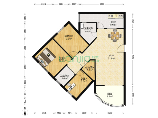 宏安大厦 2室1厅2卫 124平方