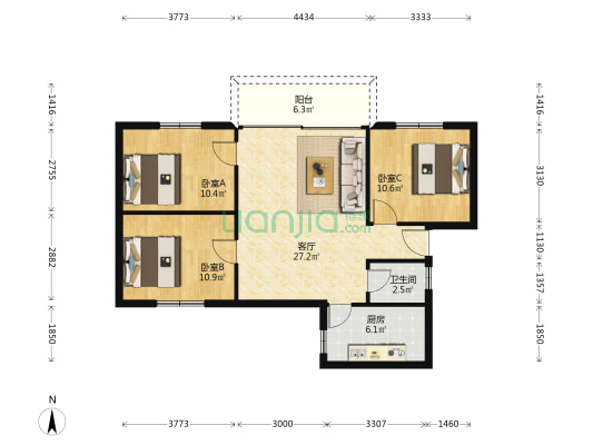 滨海路 3室1厅1卫 87平方