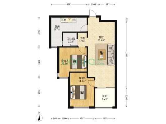 龙湖源著品质精装轻轨住家两房 朝南看洋房视野-户型图