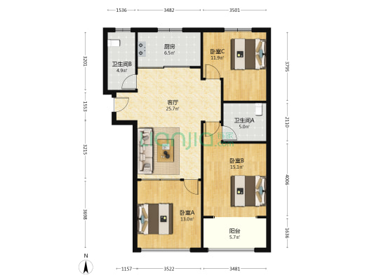 东湖未来城 3室1厅2卫 126平方