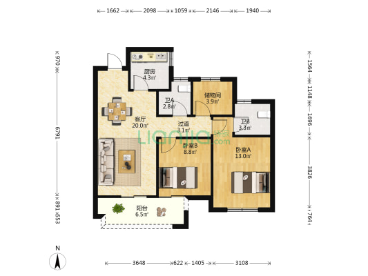 善贤苑 2室1厅2卫 89平方