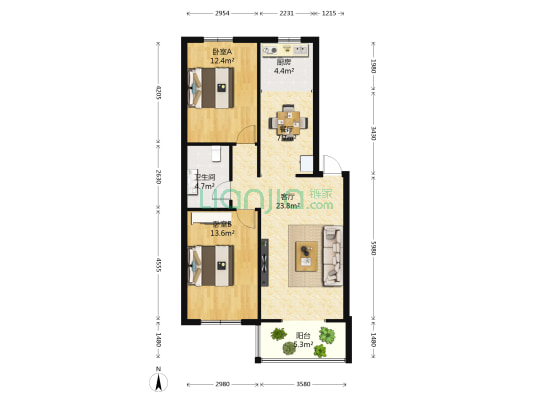 天顺小区 2室2厅1卫 90平方