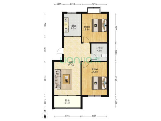翰林苑 2室1厅1卫 90平方