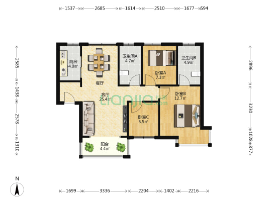 中粮·鹭湾祥云 3室1厅2卫 88平方