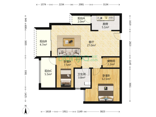 三和爱汀府 2室1厅1卫 83平方